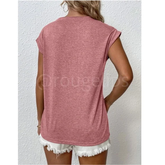 Pink Crew Neck Muscle Tee Top Shirt Cap Sleeve, Round Neck - Picture 6 of 8